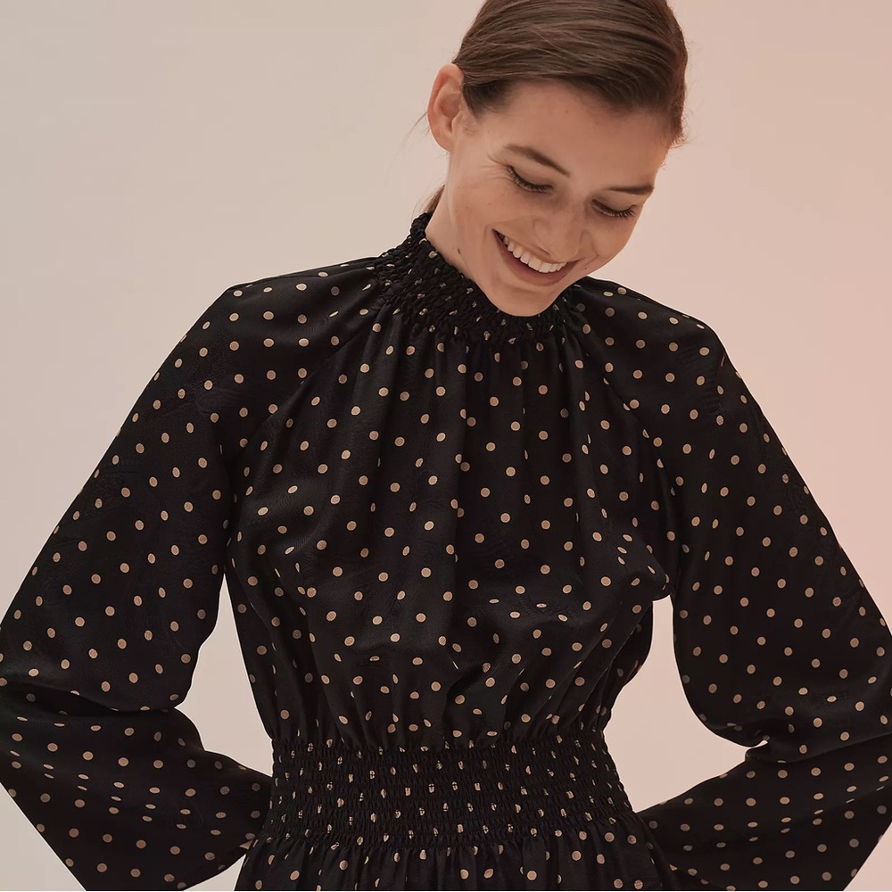 🧡 Hermes Silk Black & Gold Polka Dot Long Sleeve Dress